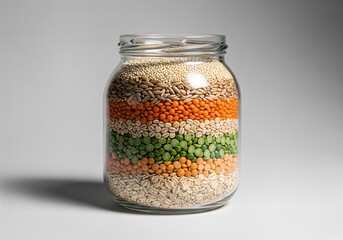 Glass jar with layered grains isolated on neutral background sustainability preparation concept
