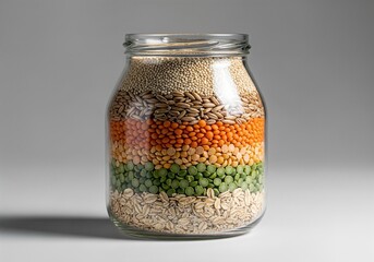 Glass jar with layered grains isolated on neutral background sustainability preparation concept