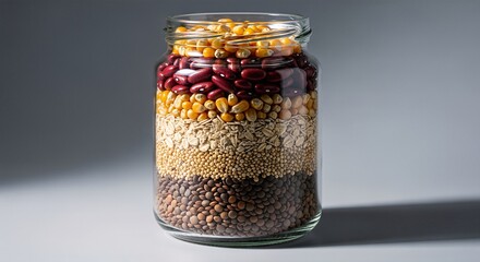 Glass jar with layered grains isolated on neutral background sustainability preparation concept