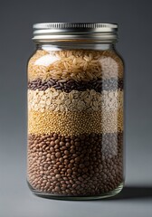 Glass jar with layered grains isolated on neutral background sustainability preparation concept