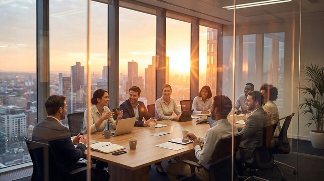 Diverse business professionals actively participate in a corporate meeting within a modern boardroom, overlooking a breathtaking city skyline at sunset.