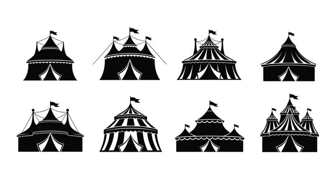 Collection of eight different black and white silhouettes of striped circus tents with flags in various architectural styles.