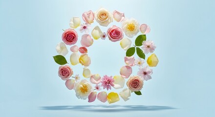 Floating flower petals arranged symmetrically isolated on pastel background wellness beauty concept