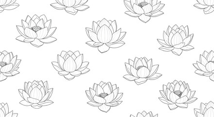 Seamless repeating pattern of delicate lotus flowers in black line art on a clean white background for fabrics.
