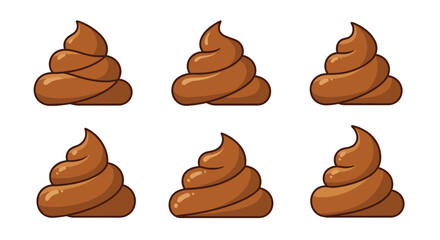 Set of six brown cartoon poop emojis in various orientations on white background for fun and creative design.
