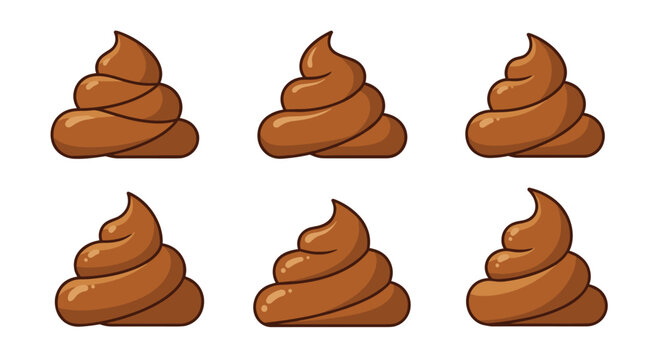 Set of six brown cartoon poop emojis in various orientations on white background for fun and creative design.