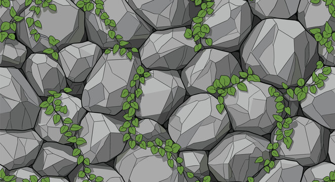Seamless pattern of rustic grey stone wall with green climbing vines for building or garden landscape design.