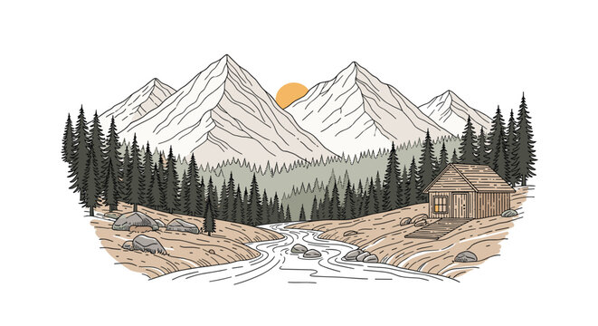 Beautiful hand drawn mountain landscape with a wooden cabin by a river and pine forest in classic sketch style.