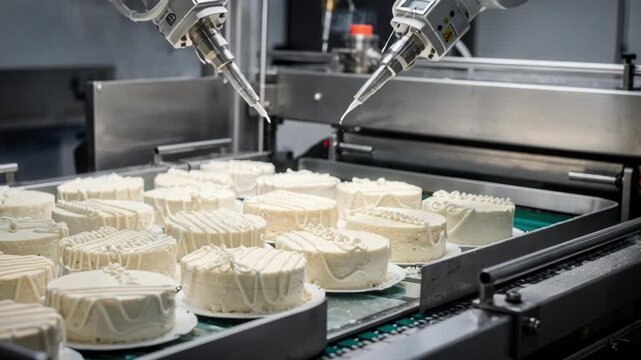 Medium shot of robotic arms precisely applying intricate drizzle icing patterns on frozen cakes in a hightech automated decorating cell.
