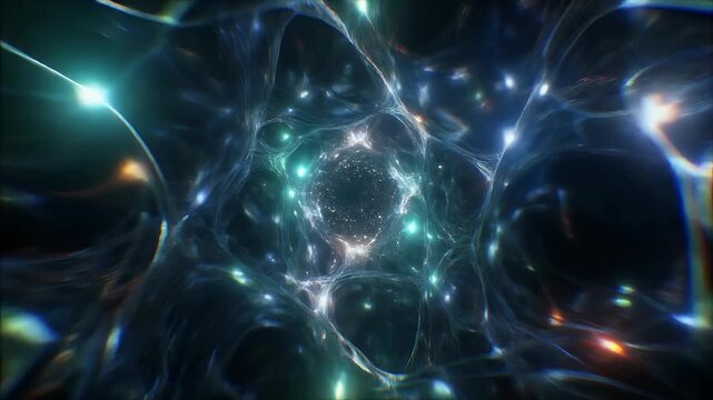 Intricate shimmering quantum field with dynamic energy currents fluctuating subatomic particles and luminous wave patterns dramatic chiaroscuro sapphire and emerald