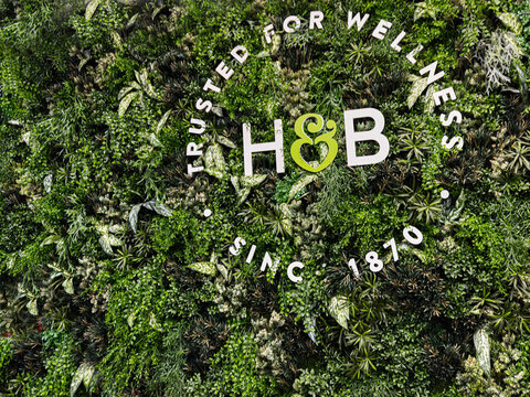 Green living wall featuring H and B logo and circular wellness sign, Manchester UK, Holland and Barrett.