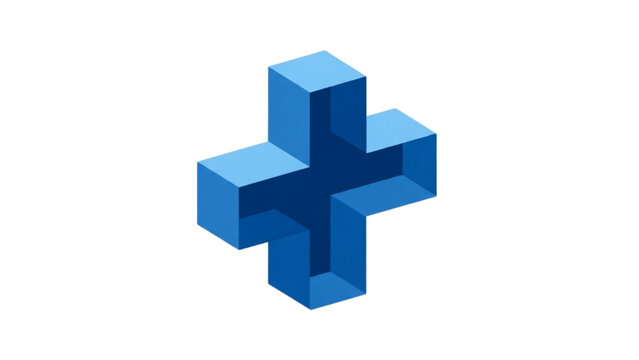 3D rendered blue plus symbol viewed from directly above with geometric shapes