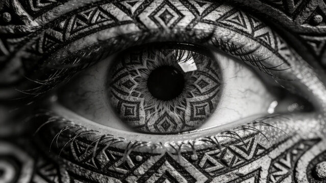 Close-up of an eye with tribal tattoos and symbols in the iris
