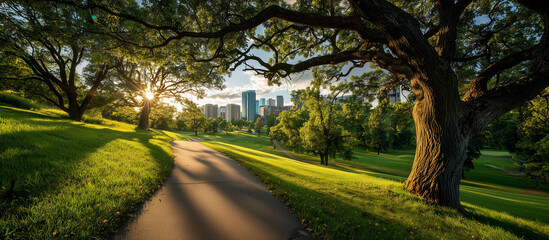 Obraz premium Park pathway curves through green grass with city skyline