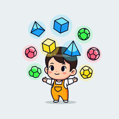 Happy child playing with colorful geometric shapes and balls