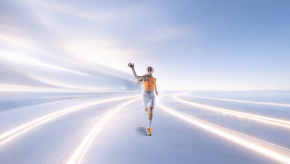Fototapeta premium Dynamic sports artwork of female runner sprinting through light trails. Concept of endurance training, fitness motivation, performance mindset, wellness advertising, active lifestyle branding.