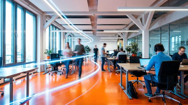 Dynamic light trails represent data flow and movement through a vibrant, modern open-plan office with professionals working at desks and moving.