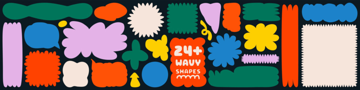 Set of playful textbox shapes, simple minimalist color wiggly and wavy forms for funny retro design. Square, circle, flower, cloud and rectangular frames, geometric banner template Vector illustration
