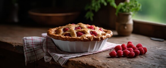 a warm raspberry pie sitting on a charming wooden countertop