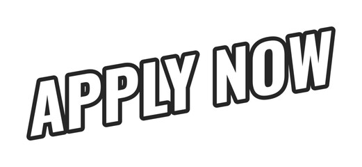 Apply now web button in bold black outline. Application submission. User enrollment subscription. Job portal. Minimal uppercase text. Angled letters with white fill. UI UX. Oswald font used
