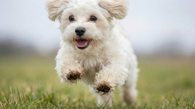 Energetic white Maltese dog joyfully running through lush green grass in a park, with its mouth open and tongue out, full of excitement and freedom.