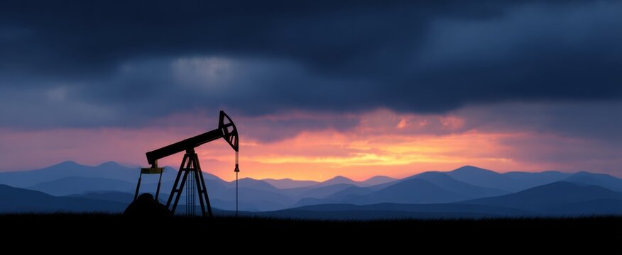pumpjack silhouette against a sunset sky with striking clouds over an oil field