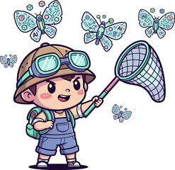 Curious child catching butterflies with net in playful outdoor adventure