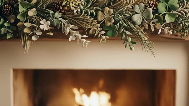 Decorative Greenery Garland with Eucalyptus and Pinecones for St Patrick s Day Background and Copy Space