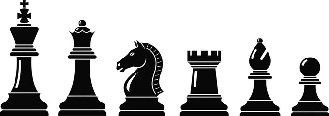 Black Chess Pieces Silhouette Set Including King Queen Knight Rook Bishop and Pawn Isolated on White Background Vector Illustration Strategy Game Collection © Rana