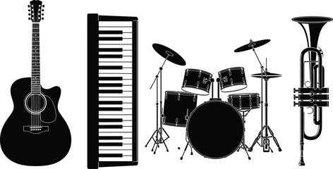 Black Musical Instruments Silhouettes Including Acoustic Guitar Piano Keyboard Drum Set and Trumpet Isolated on White Background Vector Illustration Collection © Rana