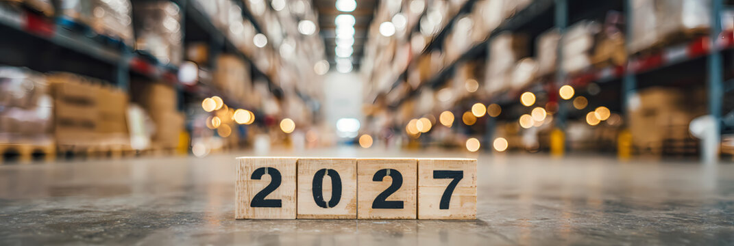 Warehouse Background with 2027 Front Text: Amazon FBA and Startup Concept Design	