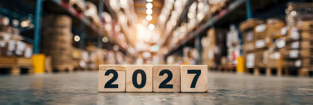 Warehouse Background with 2027 Front Text: Amazon FBA and Startup Concept Design	