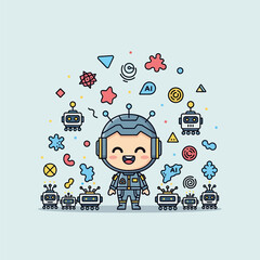 Smiling astronaut surrounded by colorful robots and AI symbols in space
