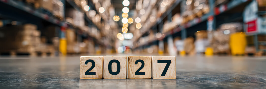 Warehouse Background with 2027 Front Text: Amazon FBA and Startup Concept Design	