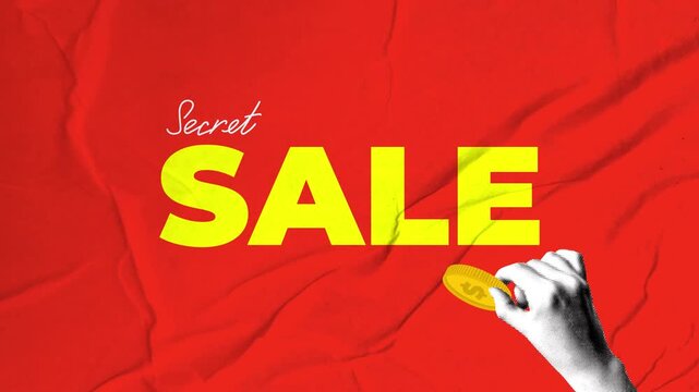 Secret sale banner. Halftone hand rubs scratch code on discount voucher with coin. Scratch card game. Win discounts. Hand scratches coupon. Lottery. Crumpled pasted background. Collage animation