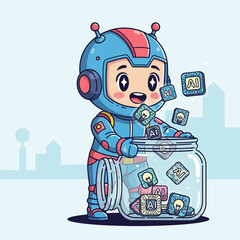 Cartoon astronaut holding jar of AI icons