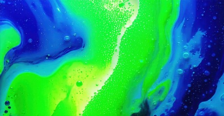 Fototapeta premium Abstract fluid dynamics. Vibrant blue, green colors swirl, mix. Bubbles present, creating dynamic texture. Interesting visual composition.