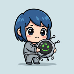 Cute cartoon girl holding AI robot with green smile
