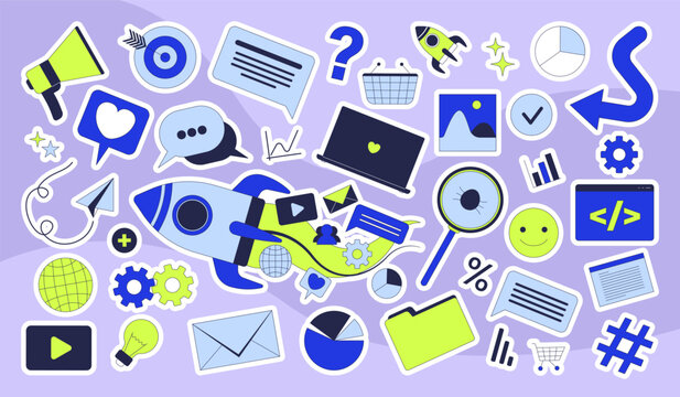 Startup marketing and digital UI colorful die-cut sticker sheet. Data analytics. Business social media. Flat cartoon collage design. Vector illustration. Labels pack for journaling, scrapbooking