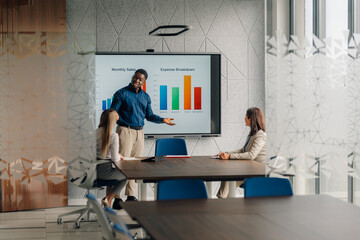 Business people having meeting, presenting financial marketing data charts