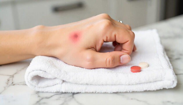 A bee sting on the swollen arm of a person with fair skin lying on a clean white towel on a table