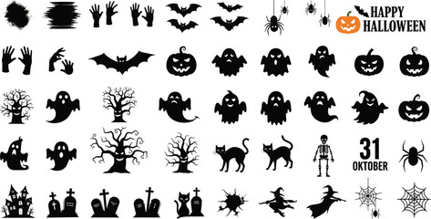 Obraz premium Halloween spooky silhouettes, bats ghosts witches, haunted house vector illustration, festive decorative design, creepy pattern motif, seasonal party art concept