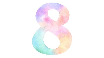 Number 8 on Pastel Watercolor Splash Background. International Women's Day or Anniversary Concept. Watercolor number 8 in a pastel gradient on a white background.