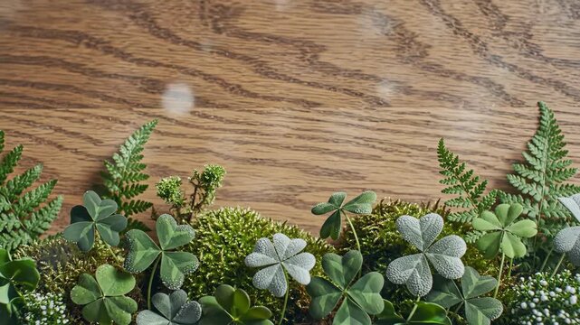 St. Patrick s Day themed background with lush green clovers, ferns, moss, and decorative plants on wooden surface for festive copy space