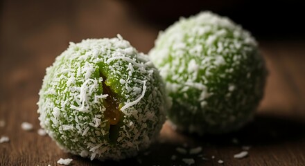 Two Green Coconut Truffles on Wooden Background.