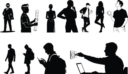 Silhouettes of business professionals in various poses and activities