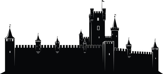 "Vector illustration of medieval castle silhouette with towers, turrets, battlements, fortified walls, central keep, fantasy black and white artwork" © Mashrafi Saba 