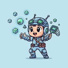 Futuristic cartoon character with AI technology
