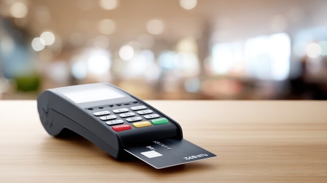 Payment card inserted into a black card reader on a wooden countertop, with a blurred background of a retail environment featuring soft lighting and indistinct shapes of products and customers