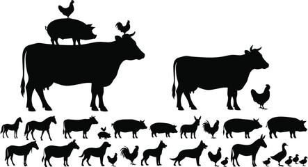 Farm animal silhouettes collection, cow pig chicken horse donkey icons, barnyard figures, livestock decoration, black animal shapes, isolated vector illustration design © Hafeza